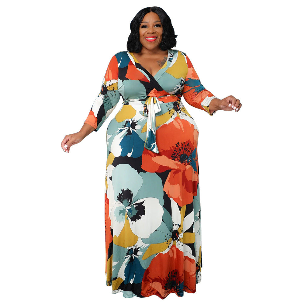 Plus Size Women Pocket Tie Printed Dress 4