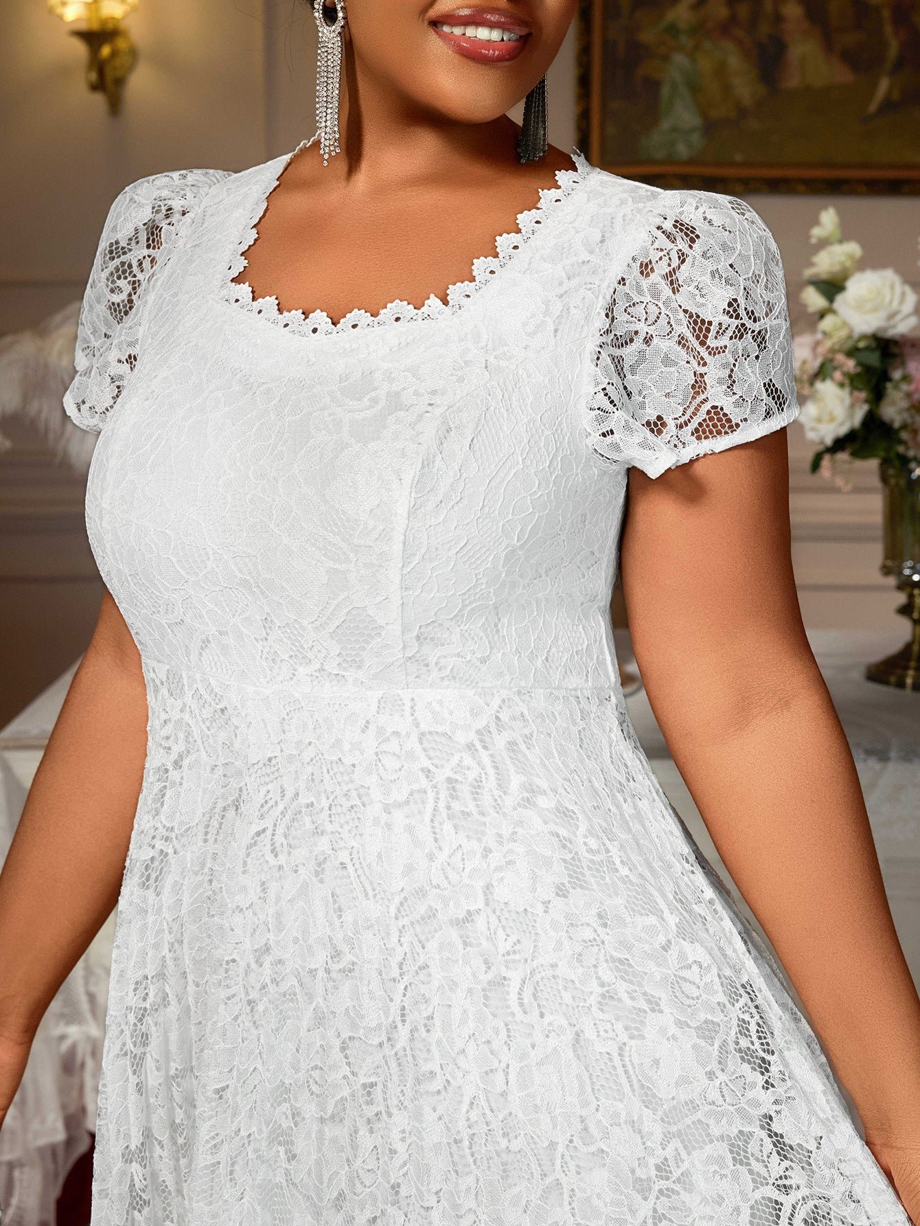 Plus Size Lace Trim Elegant Square-Neck Flared Party Dress 8