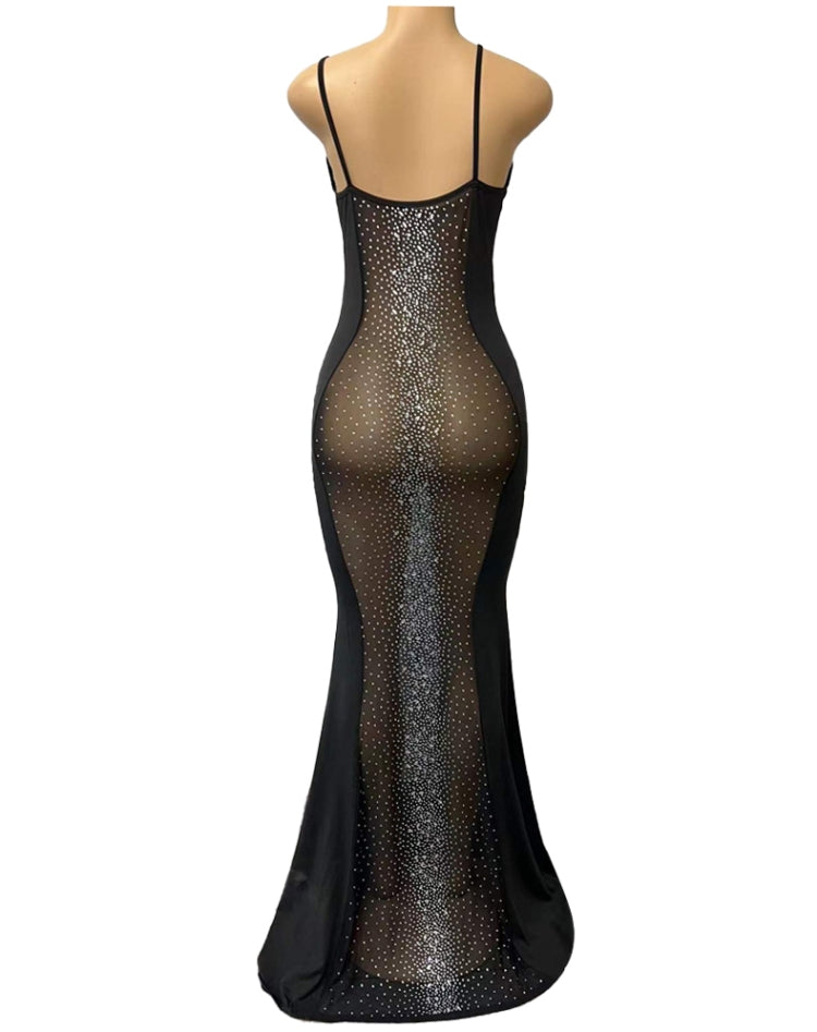 Spring Women Sexy Black Rhinestone Beaded See Through Plunge V-neck Straps Mermaid Evening Dress 5
