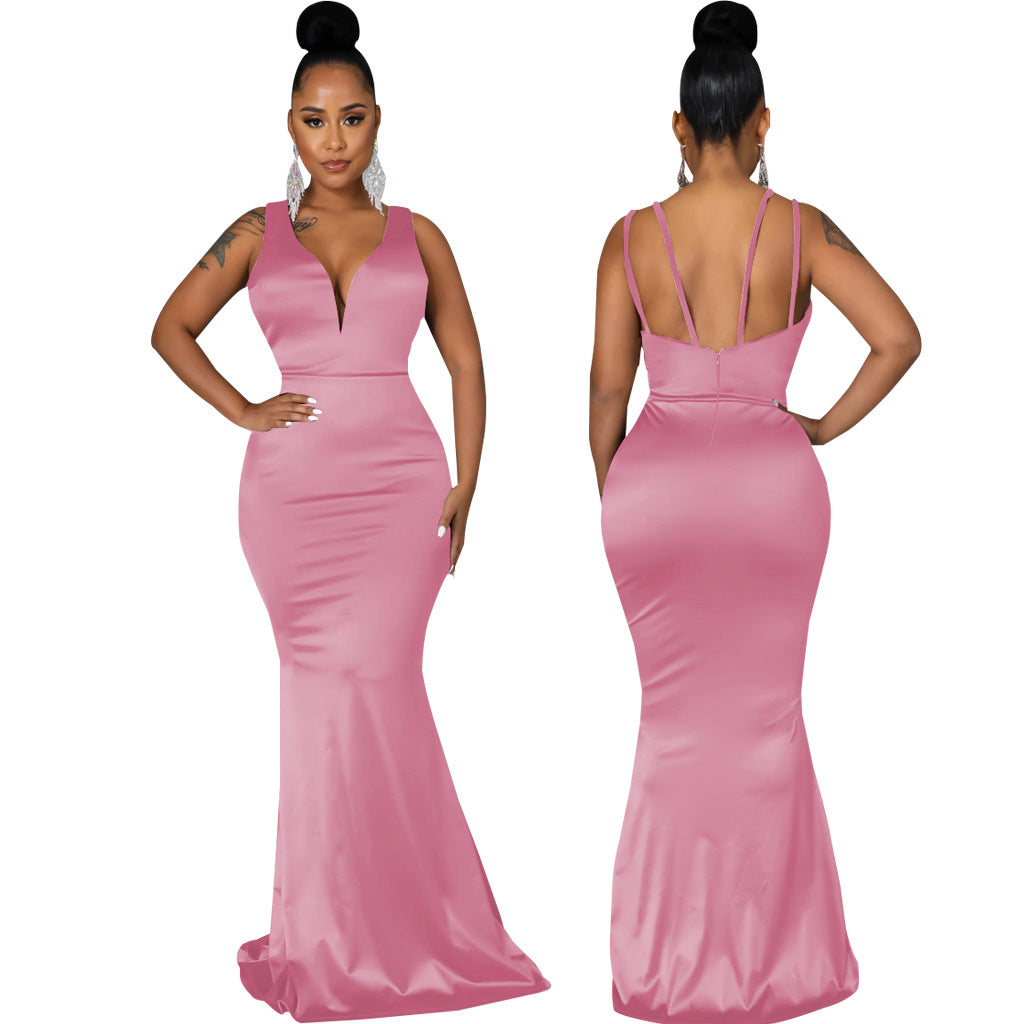 Sexy Fashion Deep V Neck Sleeveless Mermaid Gown Women's Solid Color Evening Dress 4