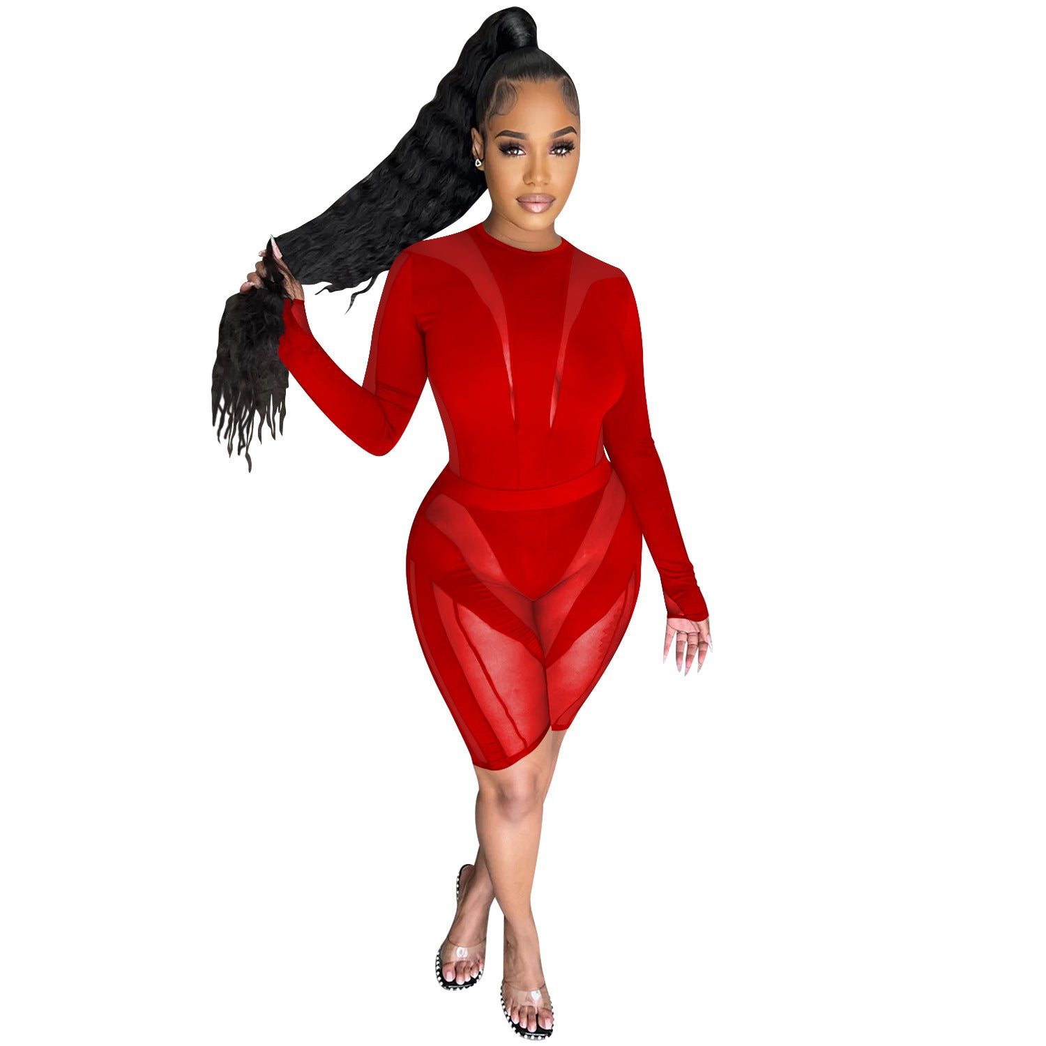 Women's Fashion Mesh See-Through Round Neck Shorts Long Sleeve Two Piece 10