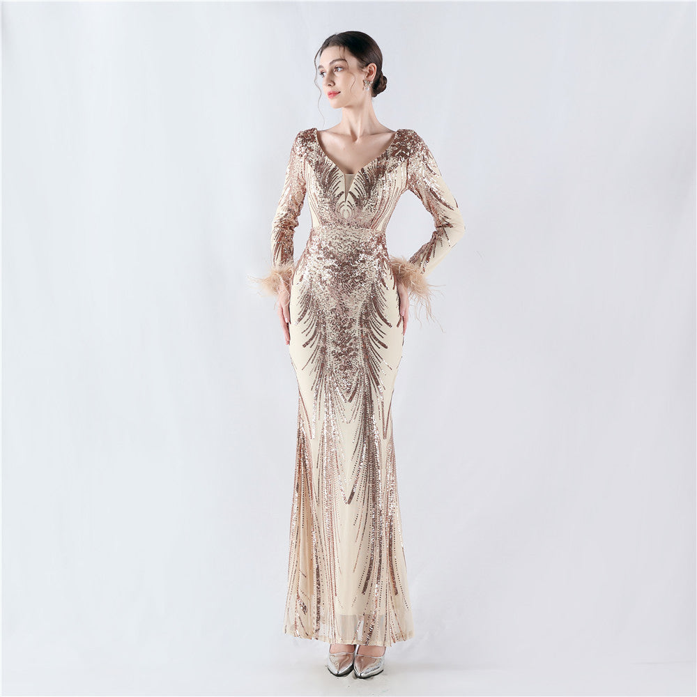 Women Positioning Flower Ostrich Feather Evening Dress 12