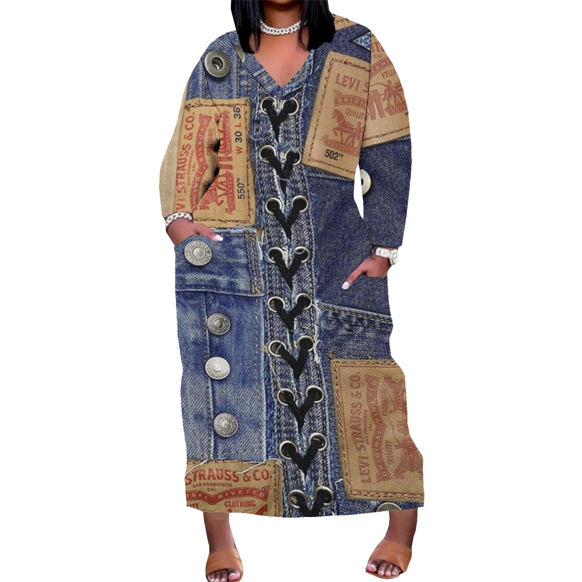 Women's Casual Printed Long Sleeves Plus Size Dress 7