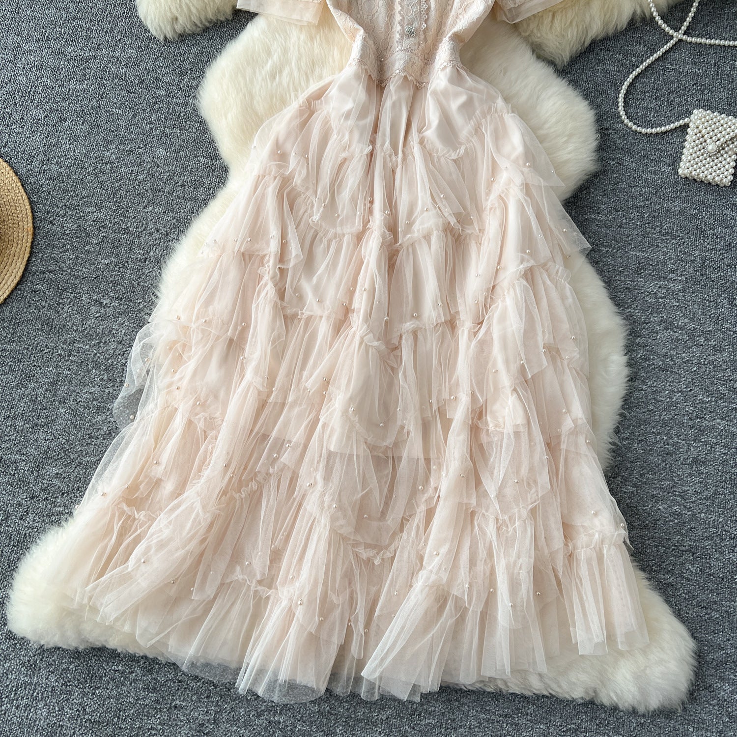 Women French Beaded Embroidered Short Sleeve Puffy Mesh Dress 5