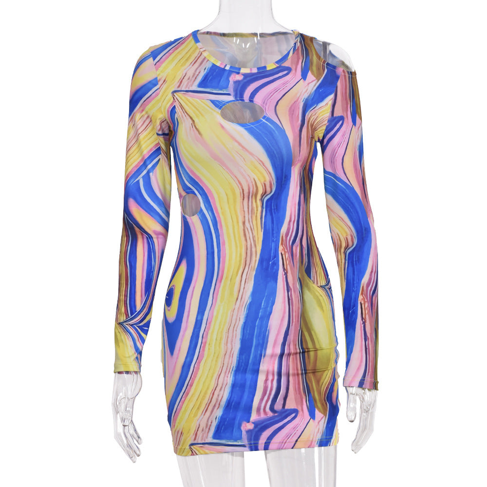 Women Sexy Cutout Off-Shoulder Contrast Round Neck Dress 5