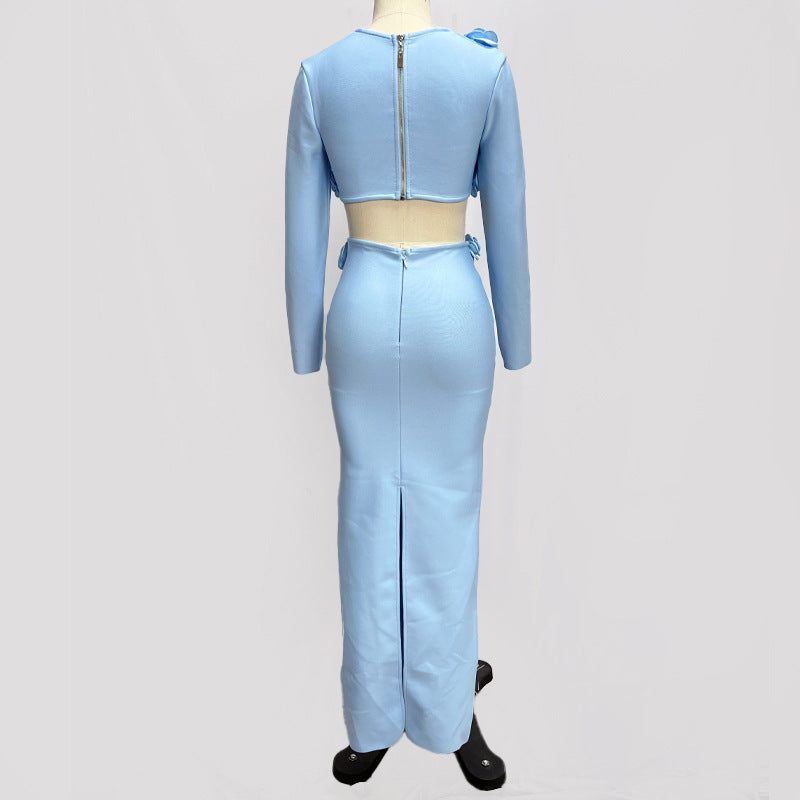 Solid Color Long Sleeve Flower Bandage Top Long Skirt Two-Piece Set 17