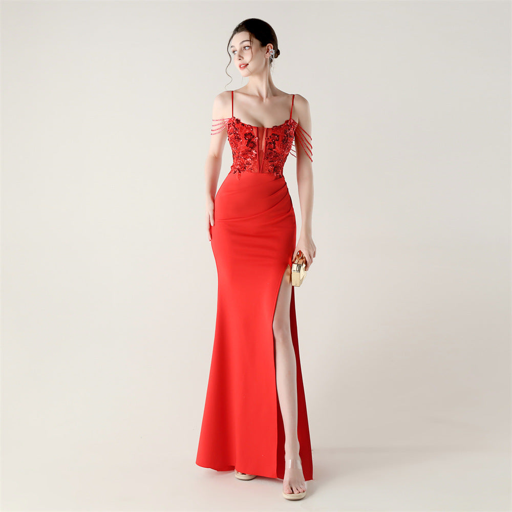 Women Fishbone Lace-Up Formal Formal Party Prom Strappy Sequin Evening Dress 15