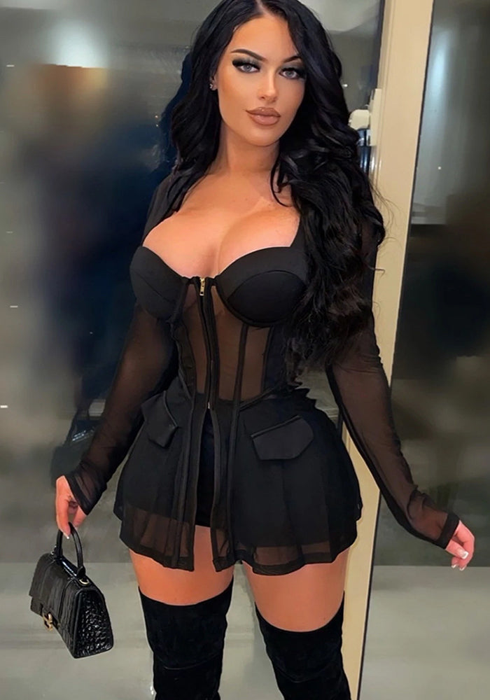 Women Mesh See-Through Long-Sleeved Top and Shorts Two-Piece Set
