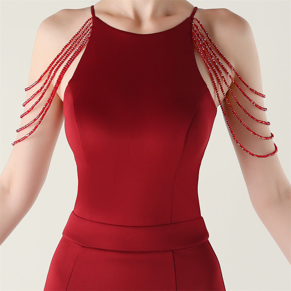 Women beaded off-shoulder one-shoulder slit evening dress 31