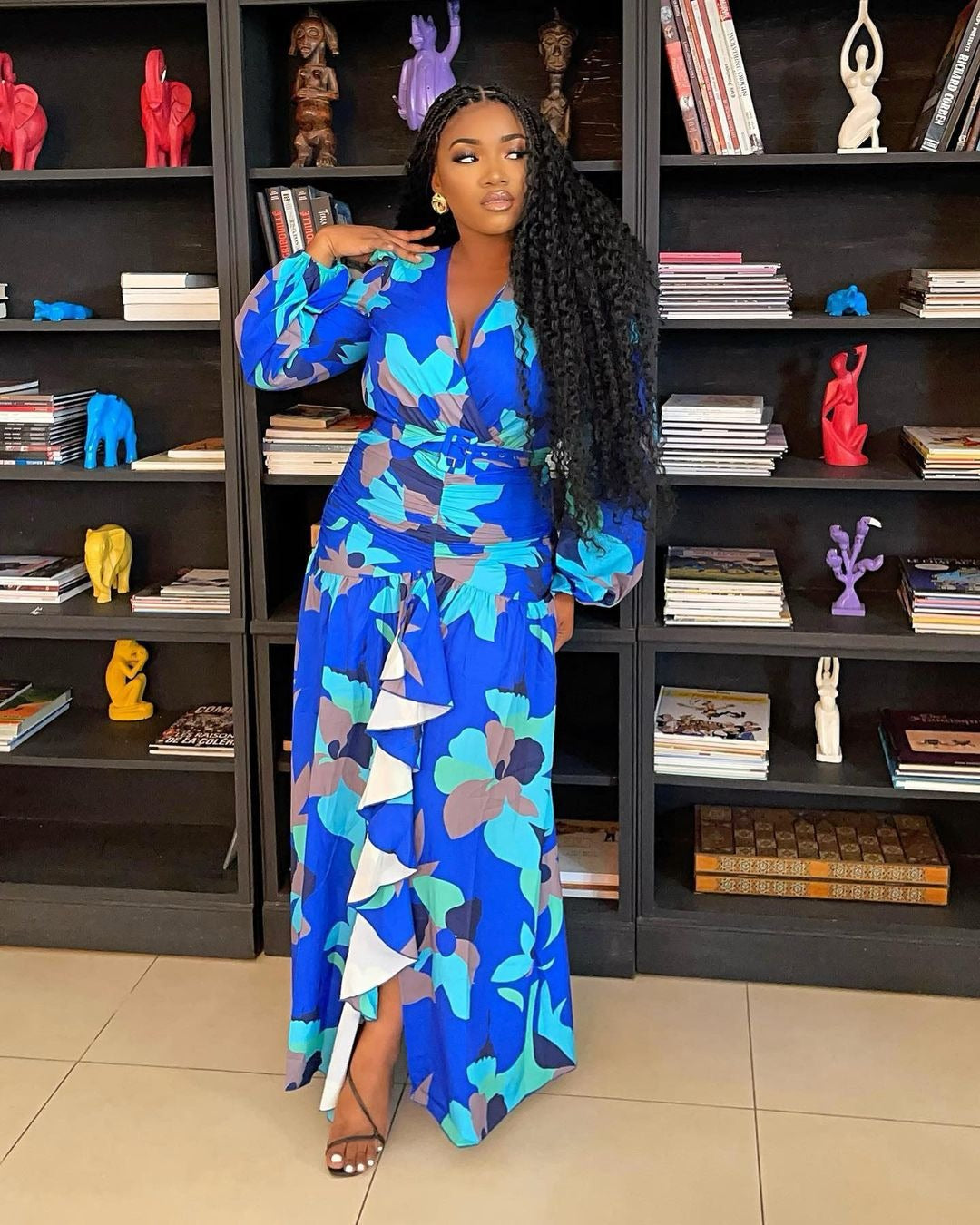 Spring women's retro printed deep v slit slim-fit long dress 4