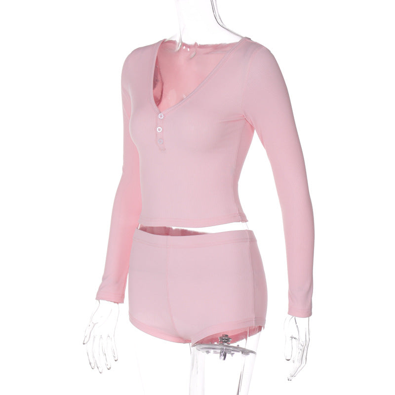 Women's Sexy V-Neck Tight Fitting Long-Sleeved Top Fashionable Sports Style Shorts Two-Piece Set 14