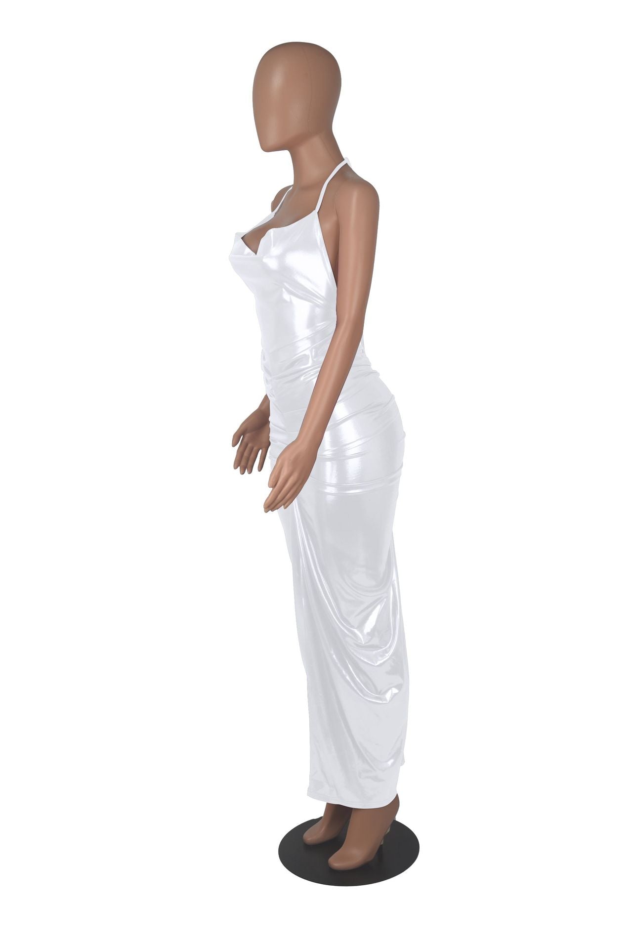 Spring Summer Chic Dress Solid Color Deep v Halter Neck Pleated Sexy Bodycon Dress 24