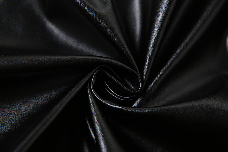 Autumn Winter Women's Fashion Contrast Slim Round Neck Pu Leather Jacket Coat 18