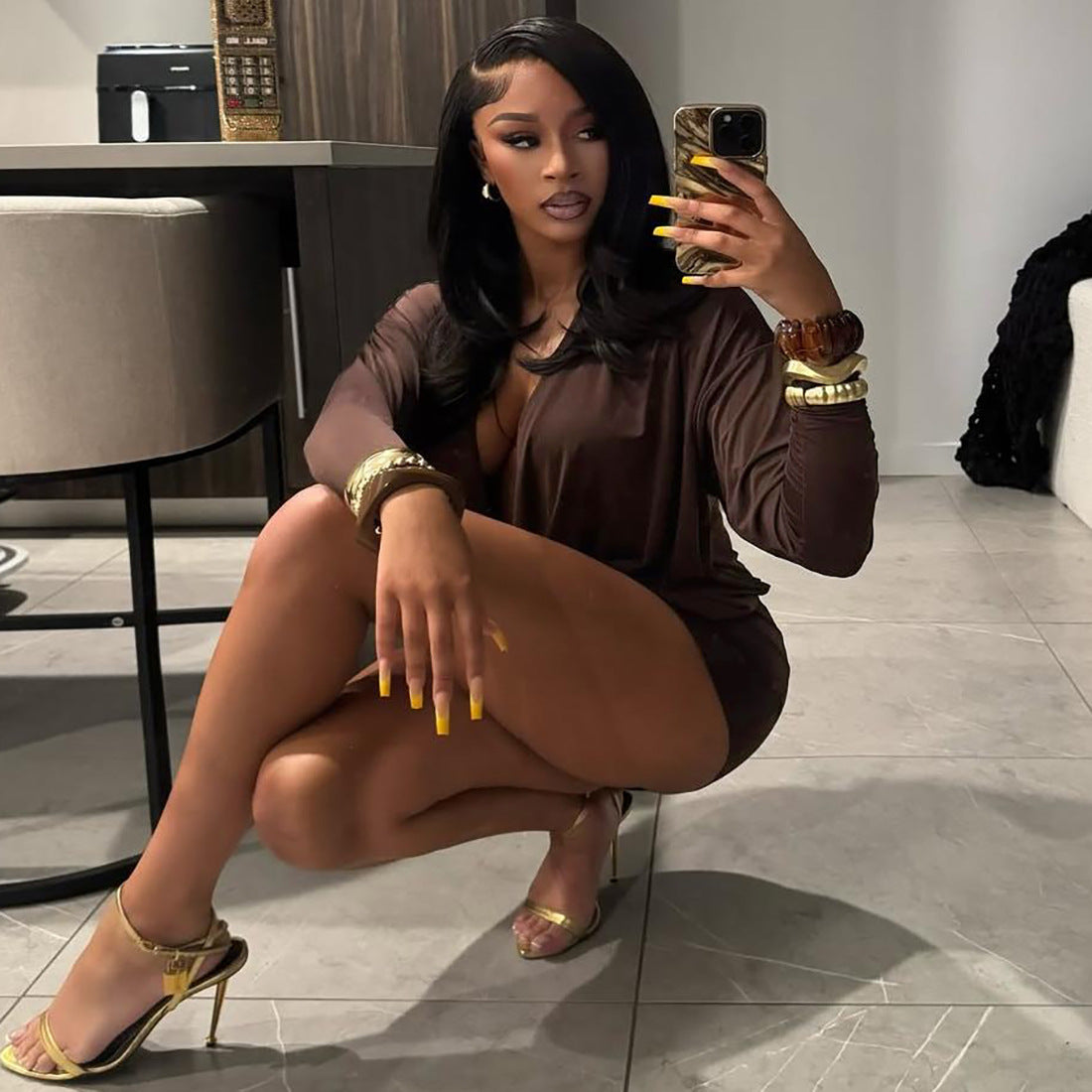 Autumn Outfit Sexy Fashion Deep V-Neck Long Sleeve Bodycon Dress 14