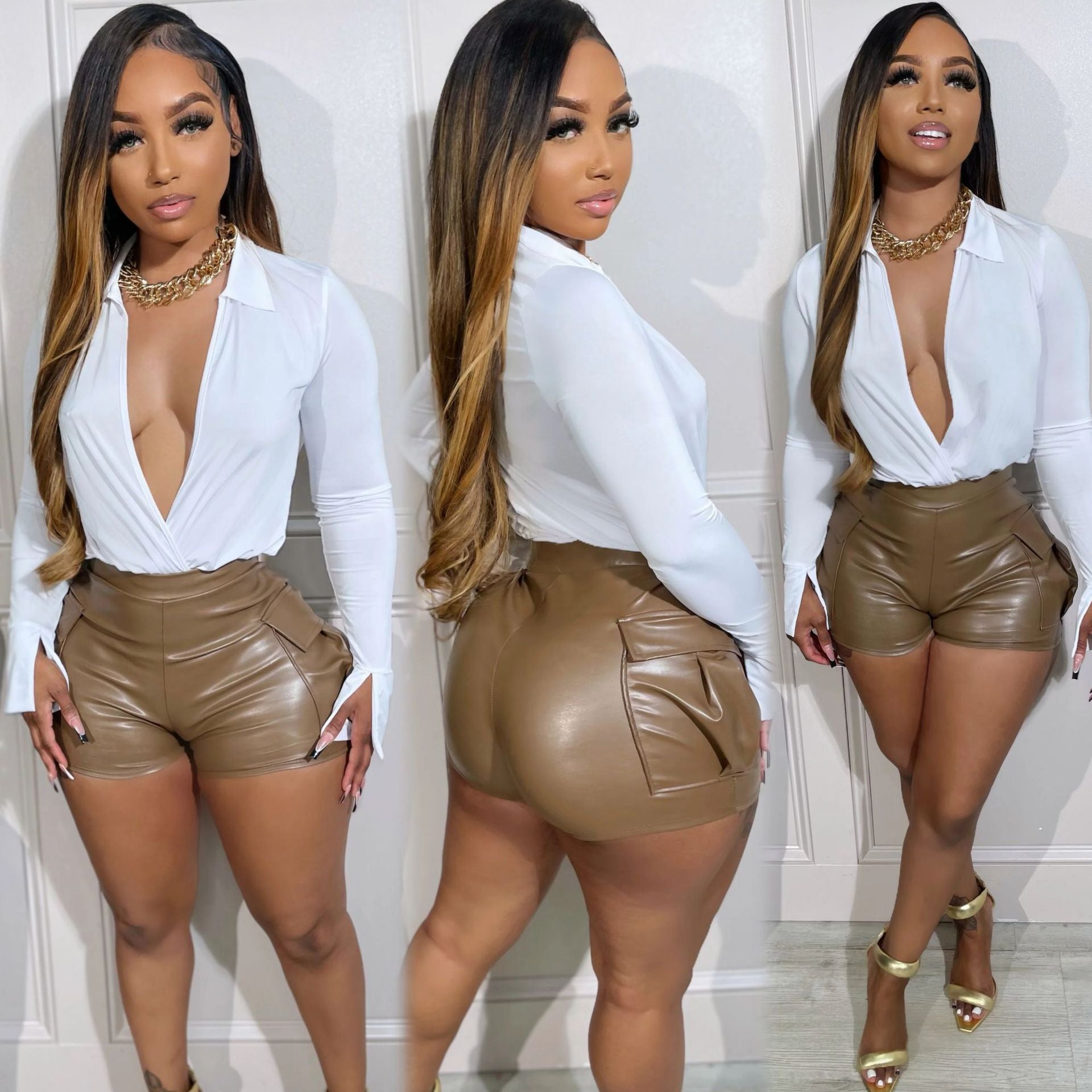 Women Stretch Pu Leather Shorts 10