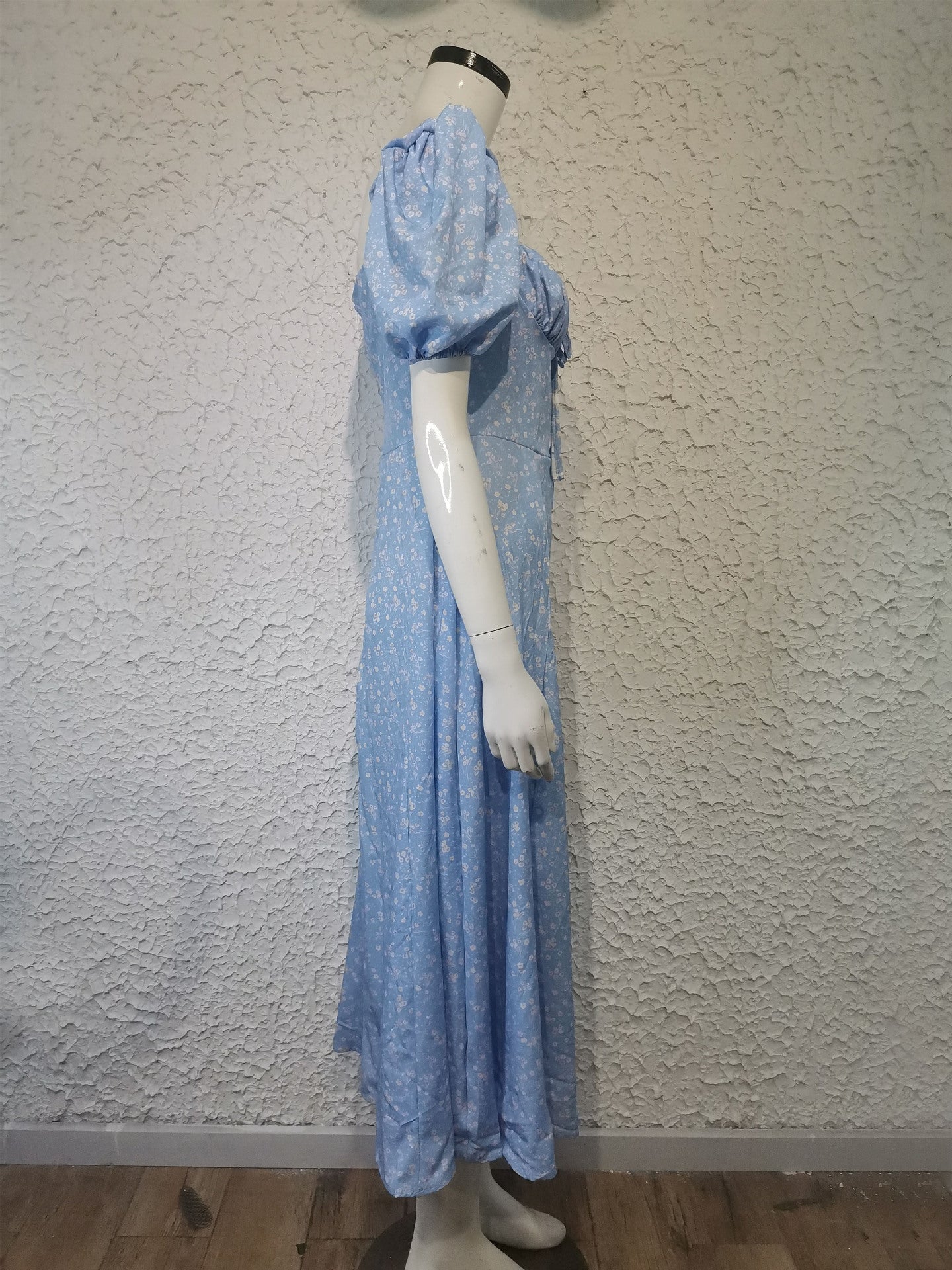 Women's summer fashion puff sleeve floral tie high slit long summer dress 14