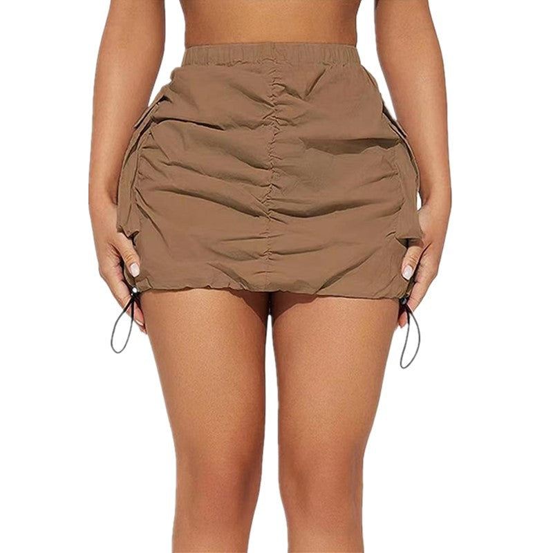 Women Solid Pleated Elastic Spring Buckle Sports Organ Pocket Mini Skirt 9