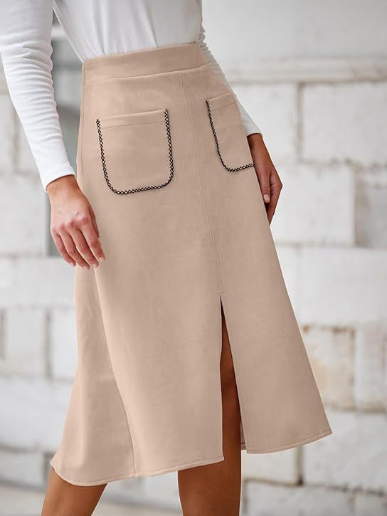 Women's Faux Suede Autumn And Winter Elastic Waist Front Pocket A-Line Midi Skirt 6