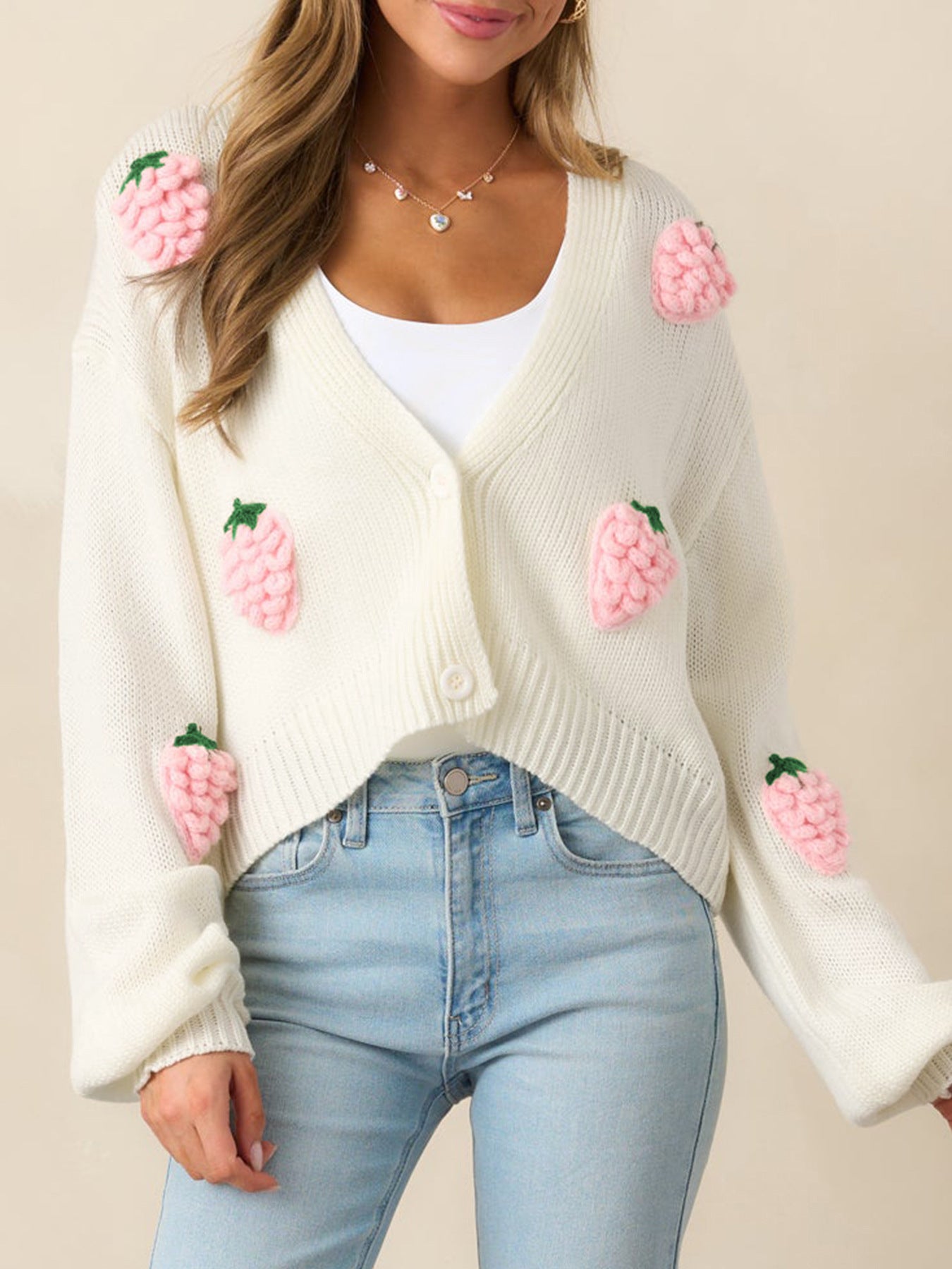 Strawberry Pattern Women's Elegant Knit Cardigan Fall Winter Button Long Sleeve Sweater