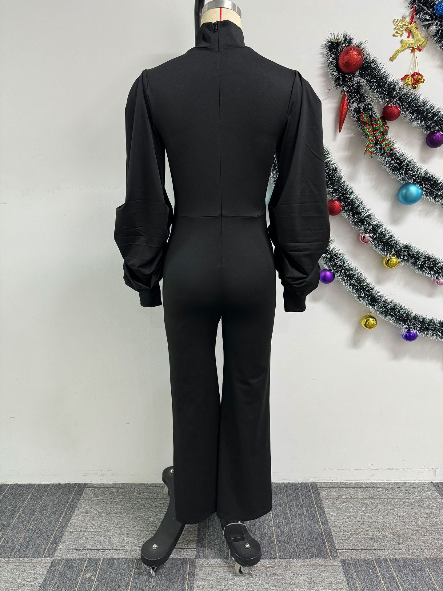 Sexy Pleated Balloon Sleeves Slim Waist Wide-Leg Jumpsuit 11