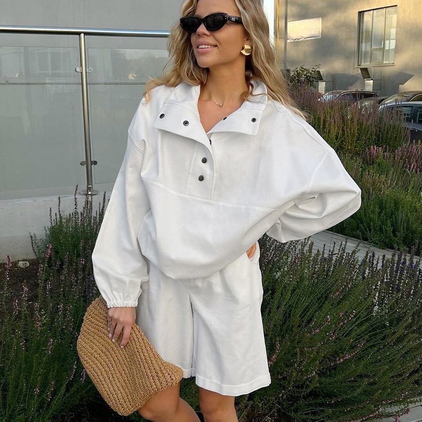 Women Spring and Summer Turndown Clar Lantern Sleeve Top and Shorts Two-piece Set 7