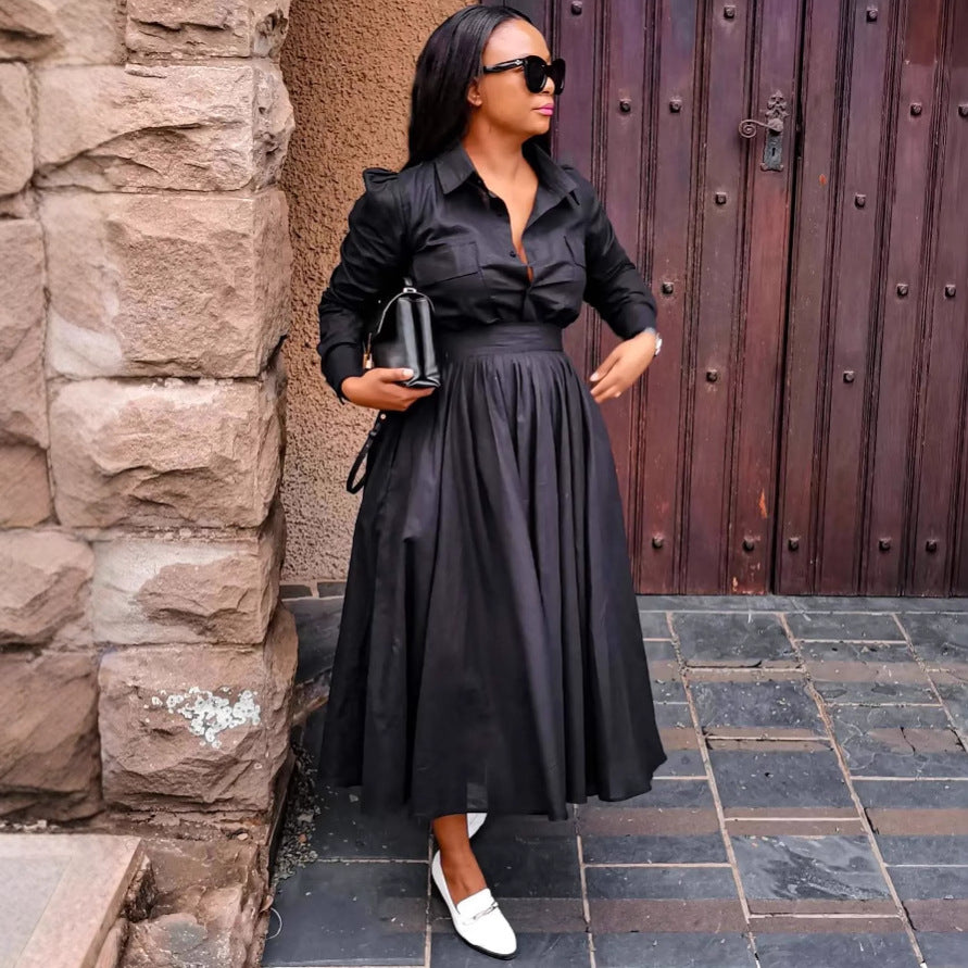 Women Long Sleeve Turndown Collar African Elegant Black Dress 4