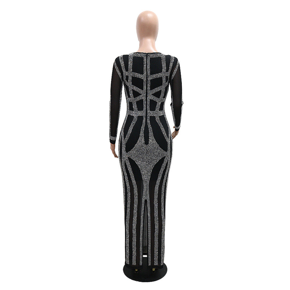 Women Sexy Beaded Square Neck Long Sleeve Bodycon Dress 6