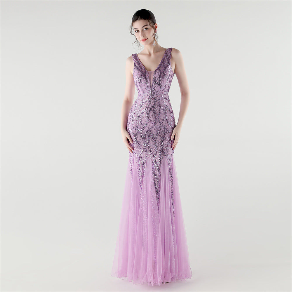 Deep V Neck Sequin Mesh Patchwork Fishtail Evening Dress for Formal Occasions 5