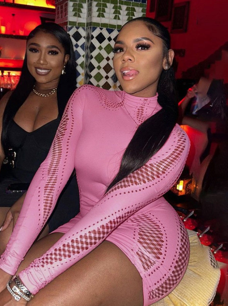 Spring Sexy Half Turtleneck Long-Sleeved Slim Hollow Knitting Mini Dress 4