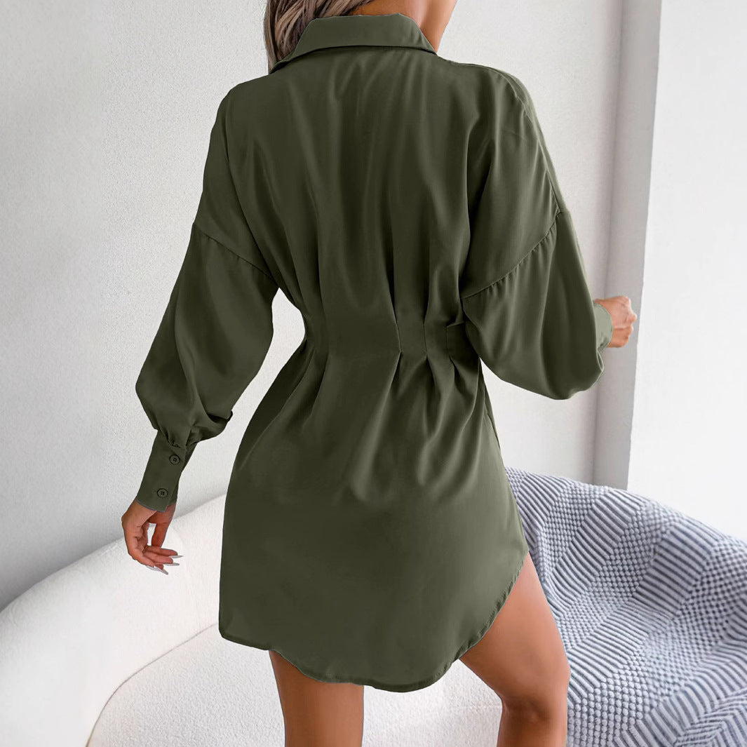 Women spring and summer casual lantern sleeve asymmetric shirt dress