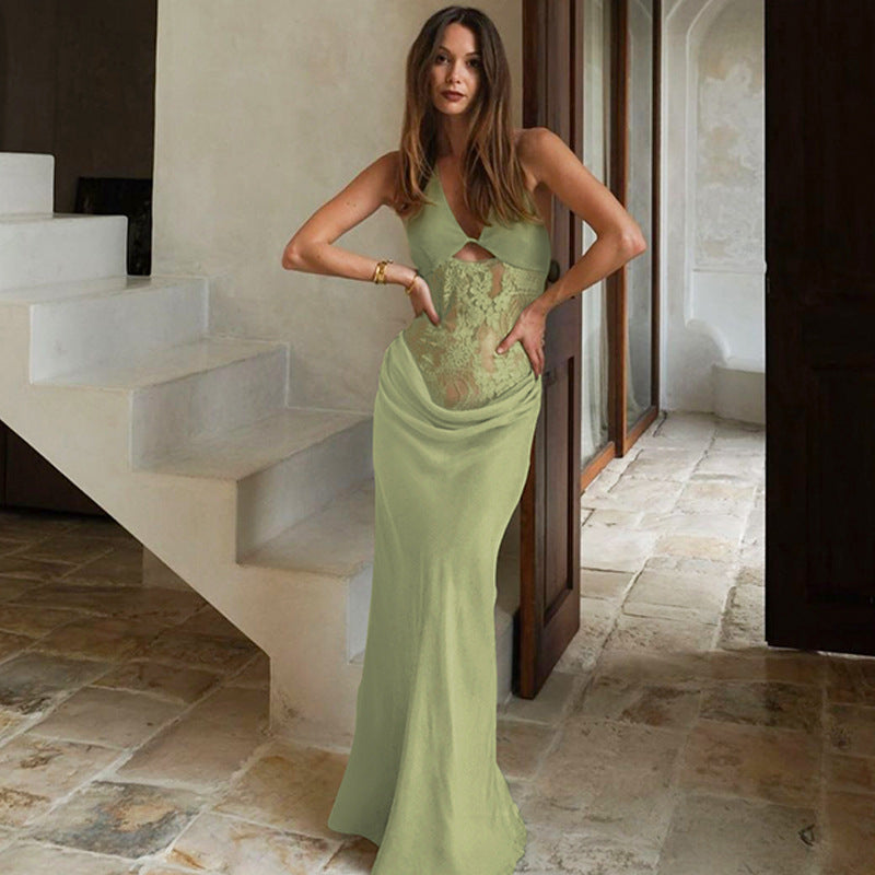 Summer Halter Neck Low Back Sexy lace Hollow Long Slim Bodycon Dress 4