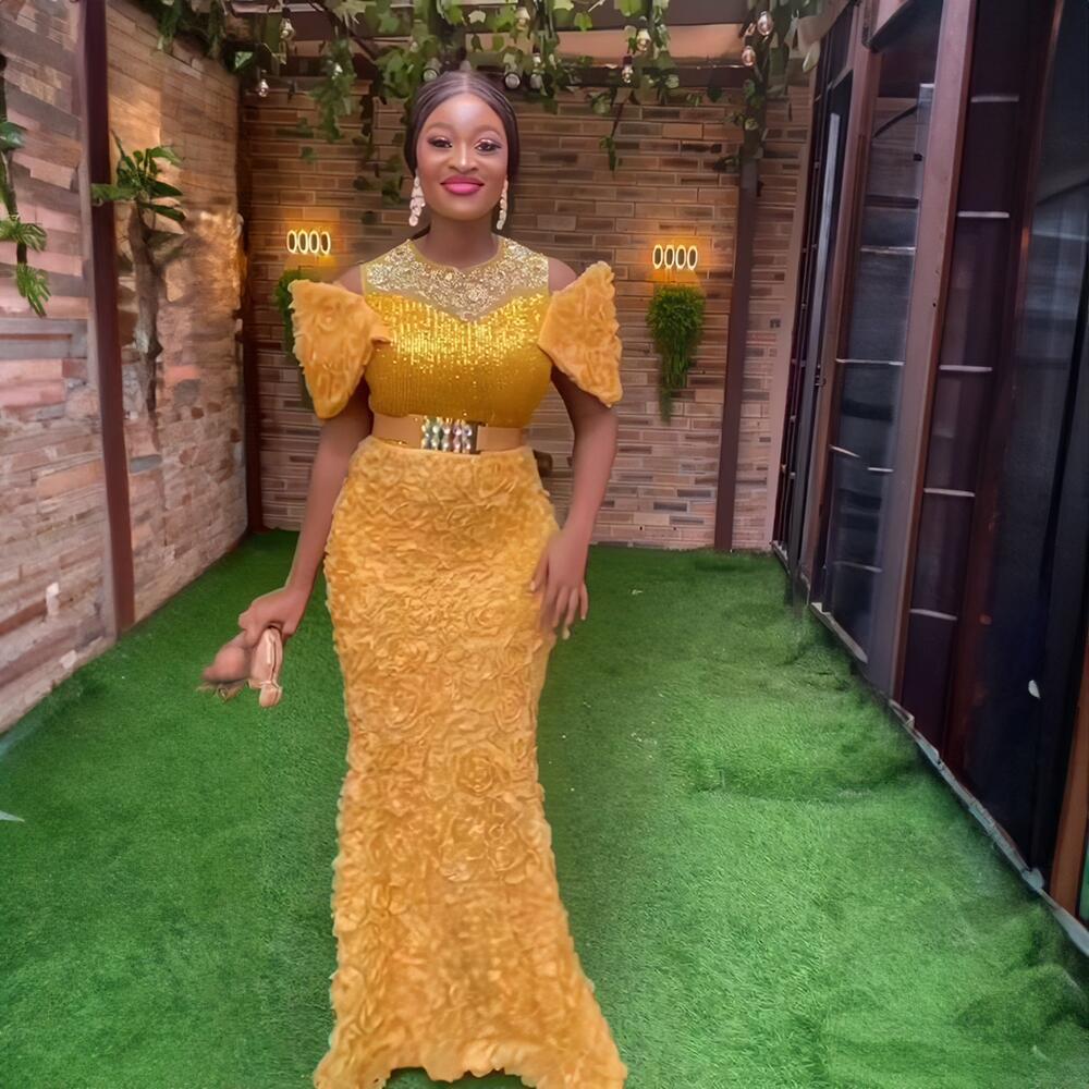 African Women's Dress Luxury Embroidery Off Shoulder Mesh Beaded Belted Evening Dress 3