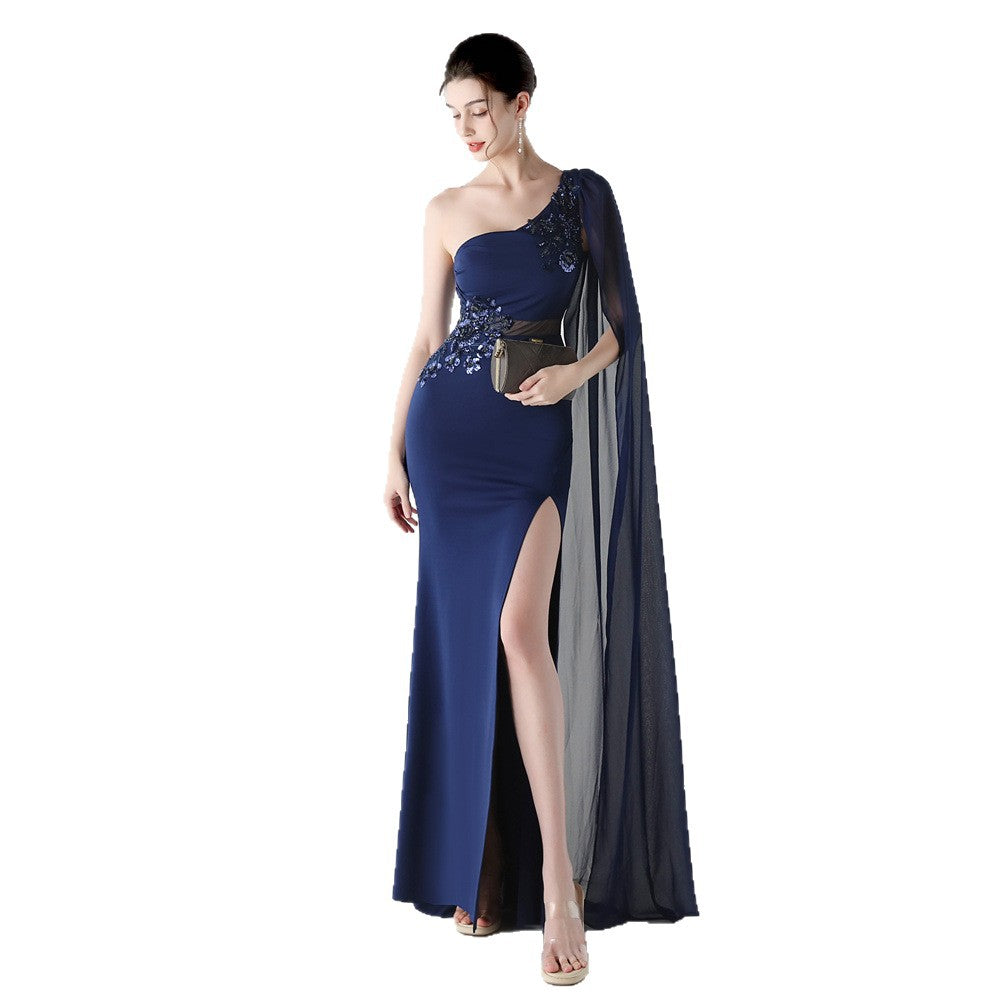 Women Tulle Shawl Beaded Tube Embroidery One Shoulder Evening Dress 13