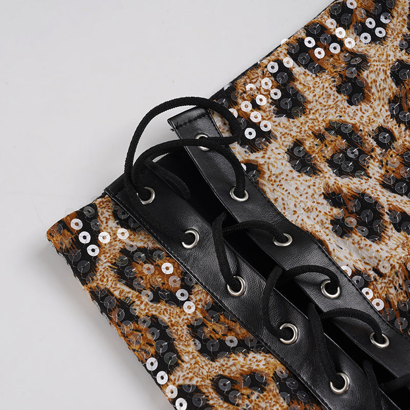 Sexy Side Lace-Up Leopard Print Bodycon Short Skirt with Sequins 16