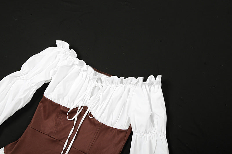 Autumn Women's Sexy Color Block Off Shoulder Puff Sleeve Slim Waist Casual Dress 15