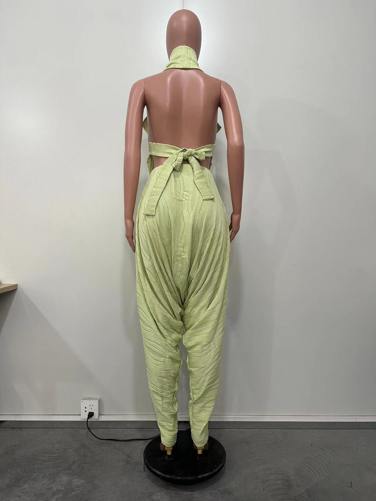 Women Sexy Halter Neck Lace-Up Top and Wide Leg Bell Bottom Two-Piece Set 15