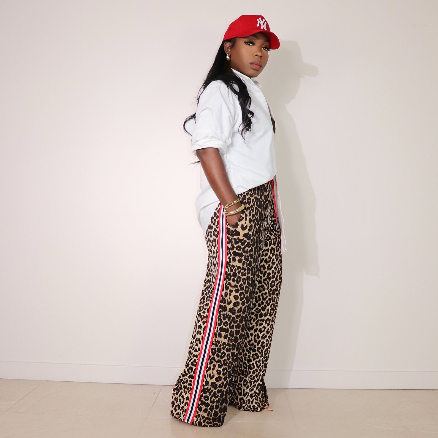 Spring/Summer Fashion Leopard Patchwork Contrast Stripes Casual Straight-Leg Pants