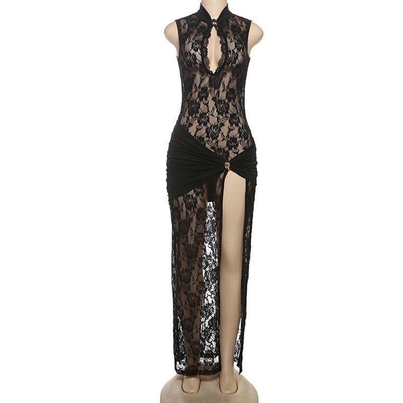 Women spring sexy hollow lace Patchwork Pleated slit Bodycon Dress 8
