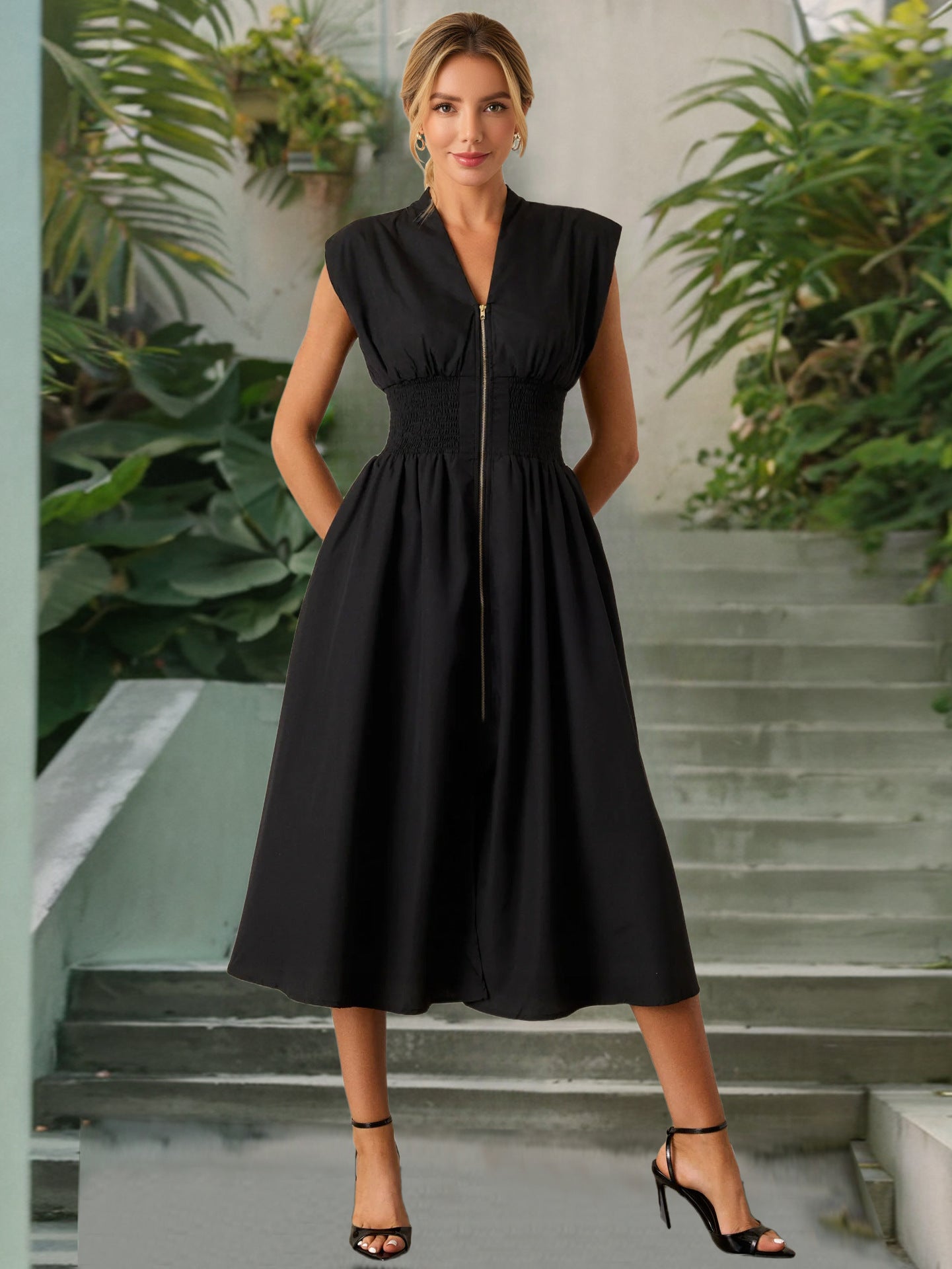 Women sexy V neck pleated zipper dress 6