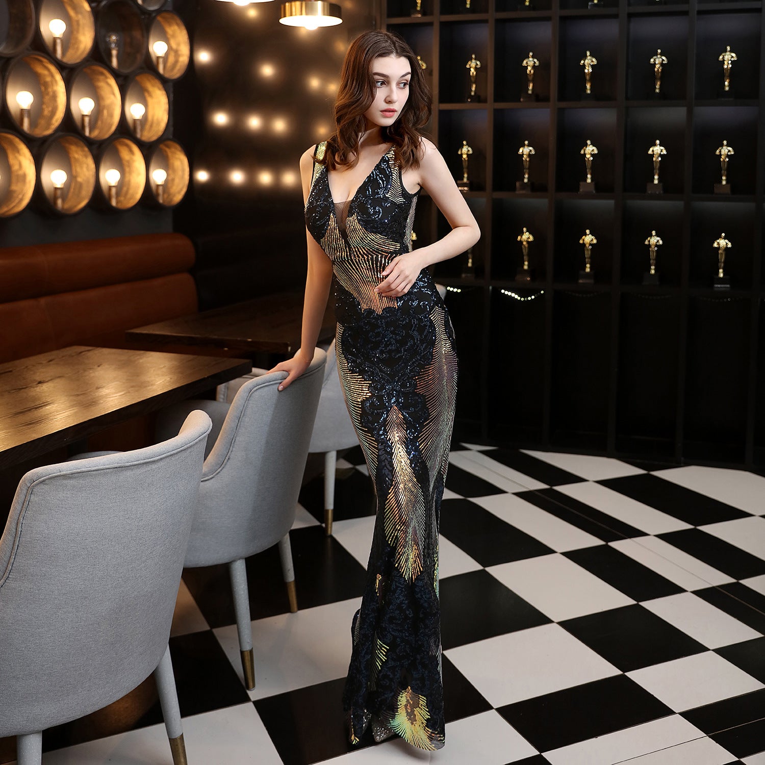 Women ElegantSequins Sleeveless Fishtail Long Evening Dress 14