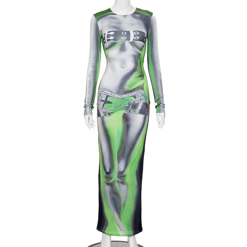 Women's Spring Round Neck Long Sleeve Print Solid Color Long Dress 6