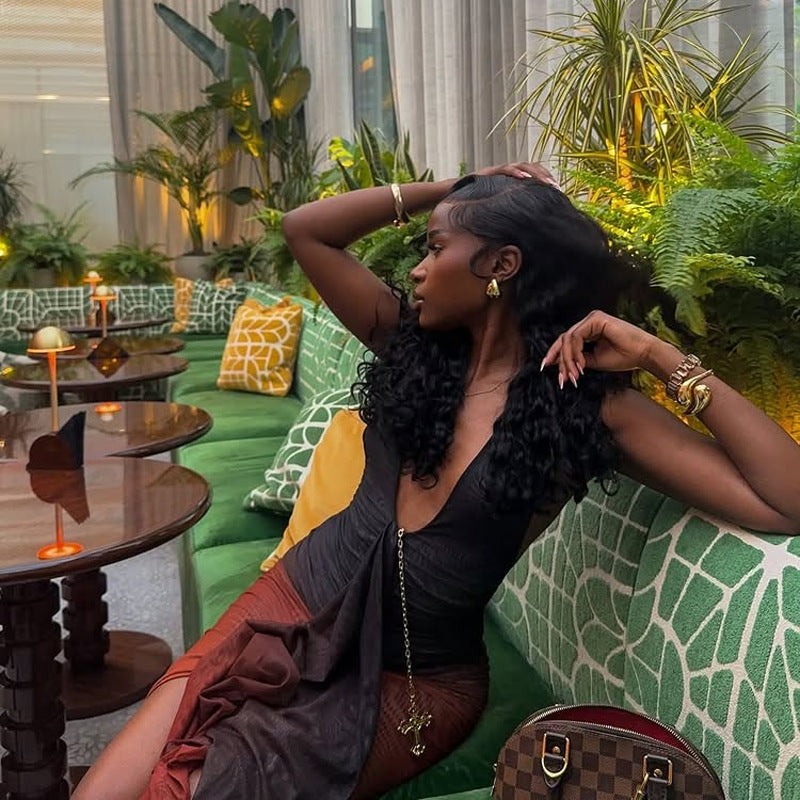 Women Contrast Color Sexy V Neck Backless Dress 5