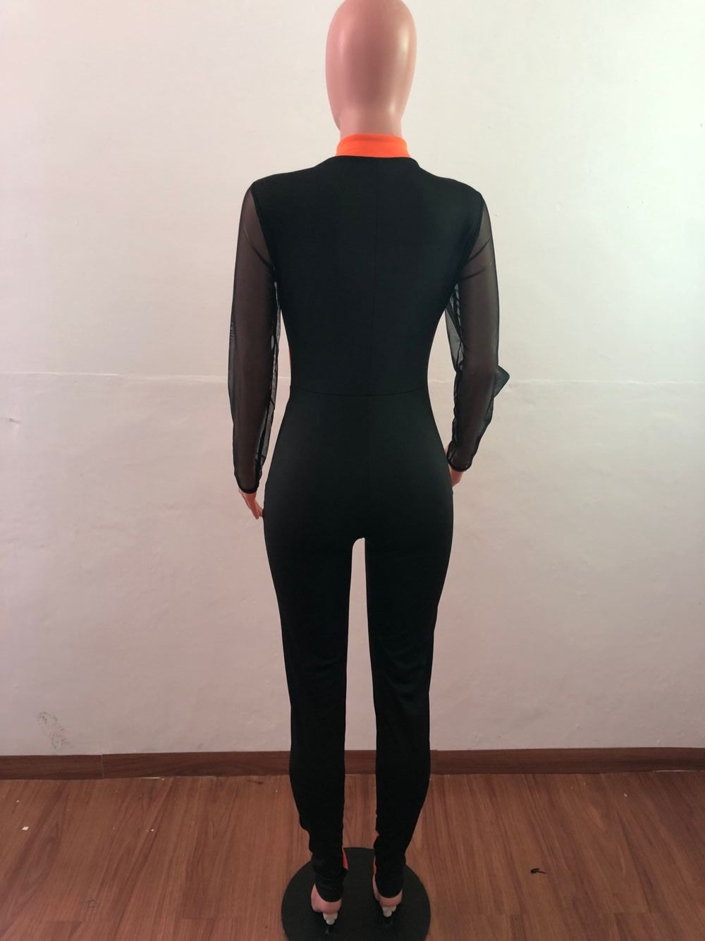 Sexy Plus Size Women's Clothing Color Block Mesh Long Sleeve Zipper Casual Jumpsuit 15