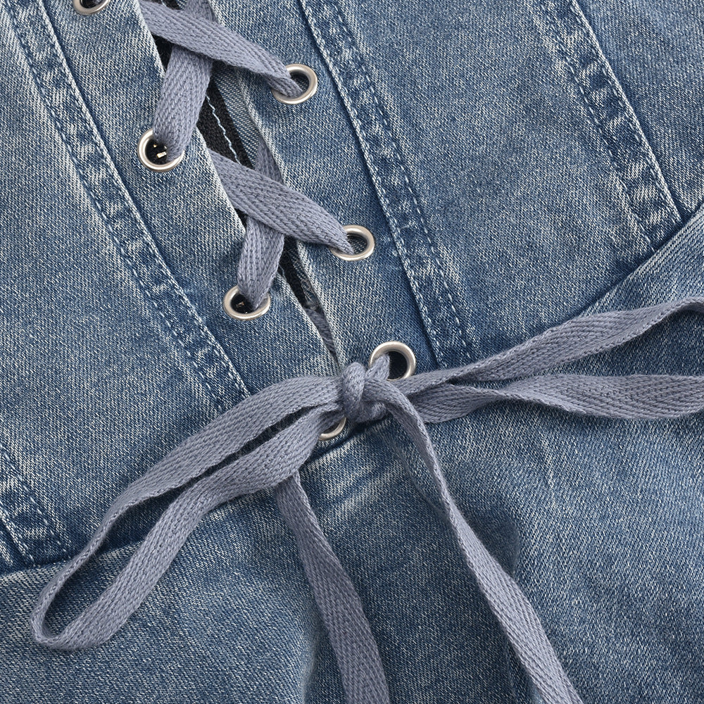 Elastic Denim Women's Zipper Lace-Up Sexy Transparent Strap Short A-Line Dress 7