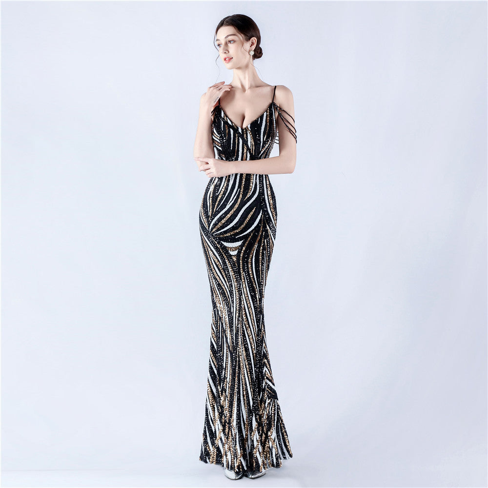 Women sequined striped color matching maxi evening dress 8