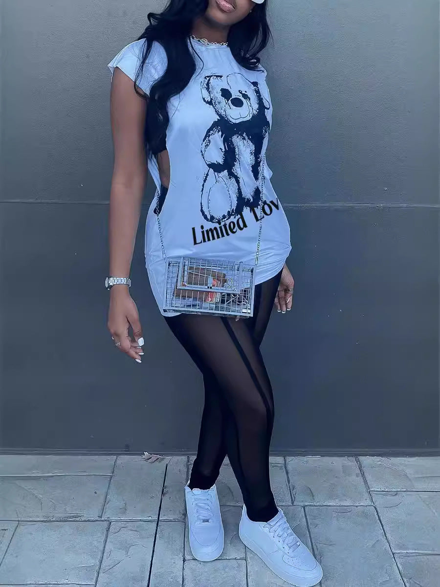 Women's Letter Bear Printed Sleeveless Round Neck Two Piece Mesh Pants Set 3