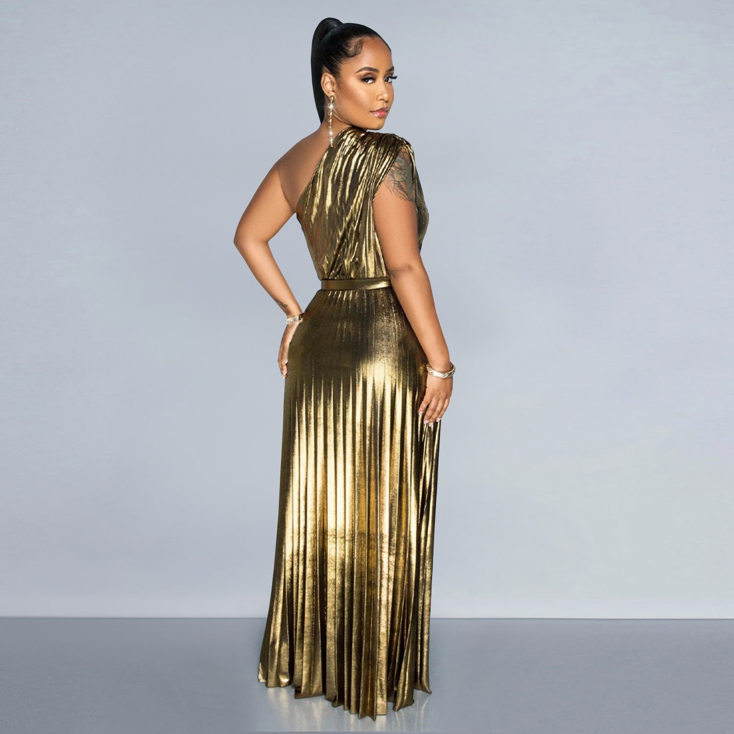 Women Elegant Shiny Slash Shoulder Sleeveless Solid Dress 4