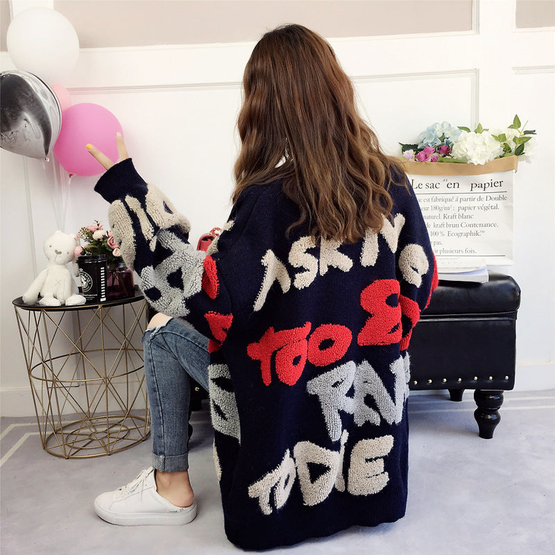Women Fall and Winter Letter Contrast Color Loose Knitting Sweater Jacket 9