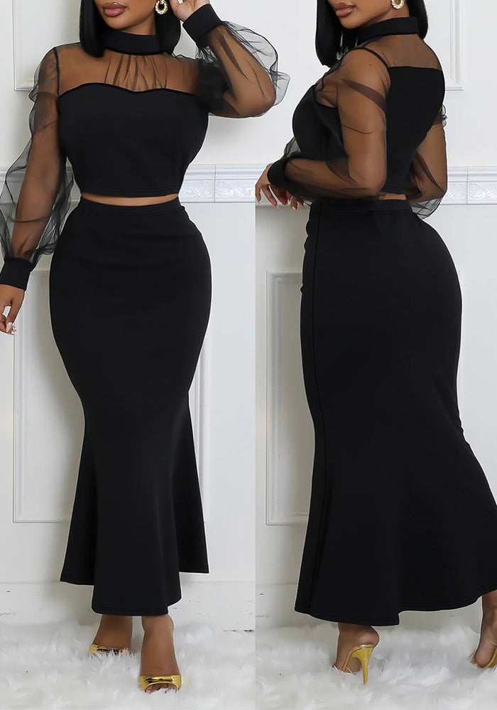Women Elegant Mesh Patchwork Top And Long Skirt Two-piece Set