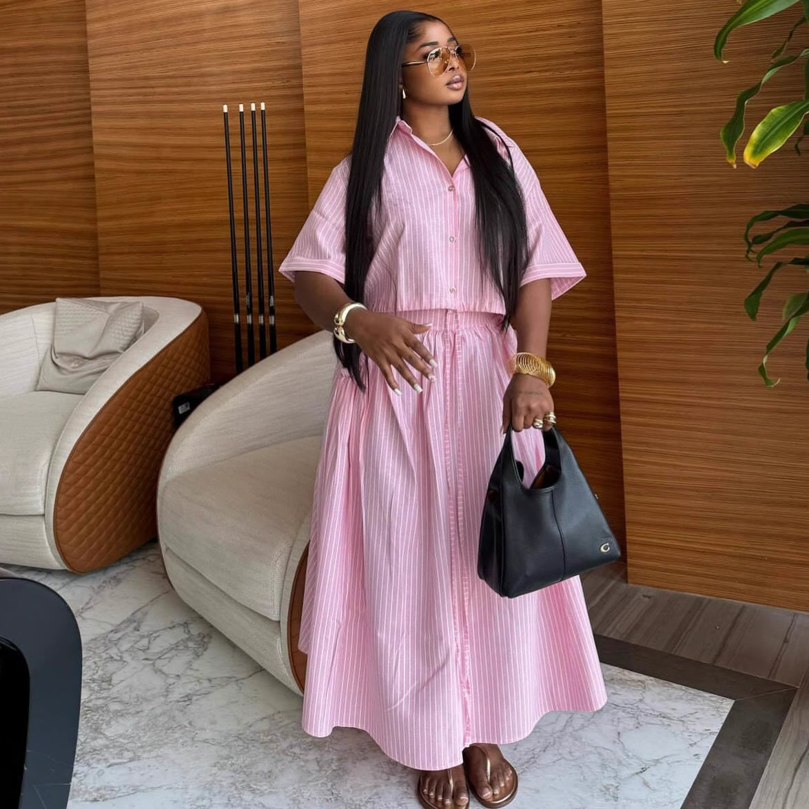 African Women turndown collar striped short-sleeved shirt and lace-up skirt two-piece set 3